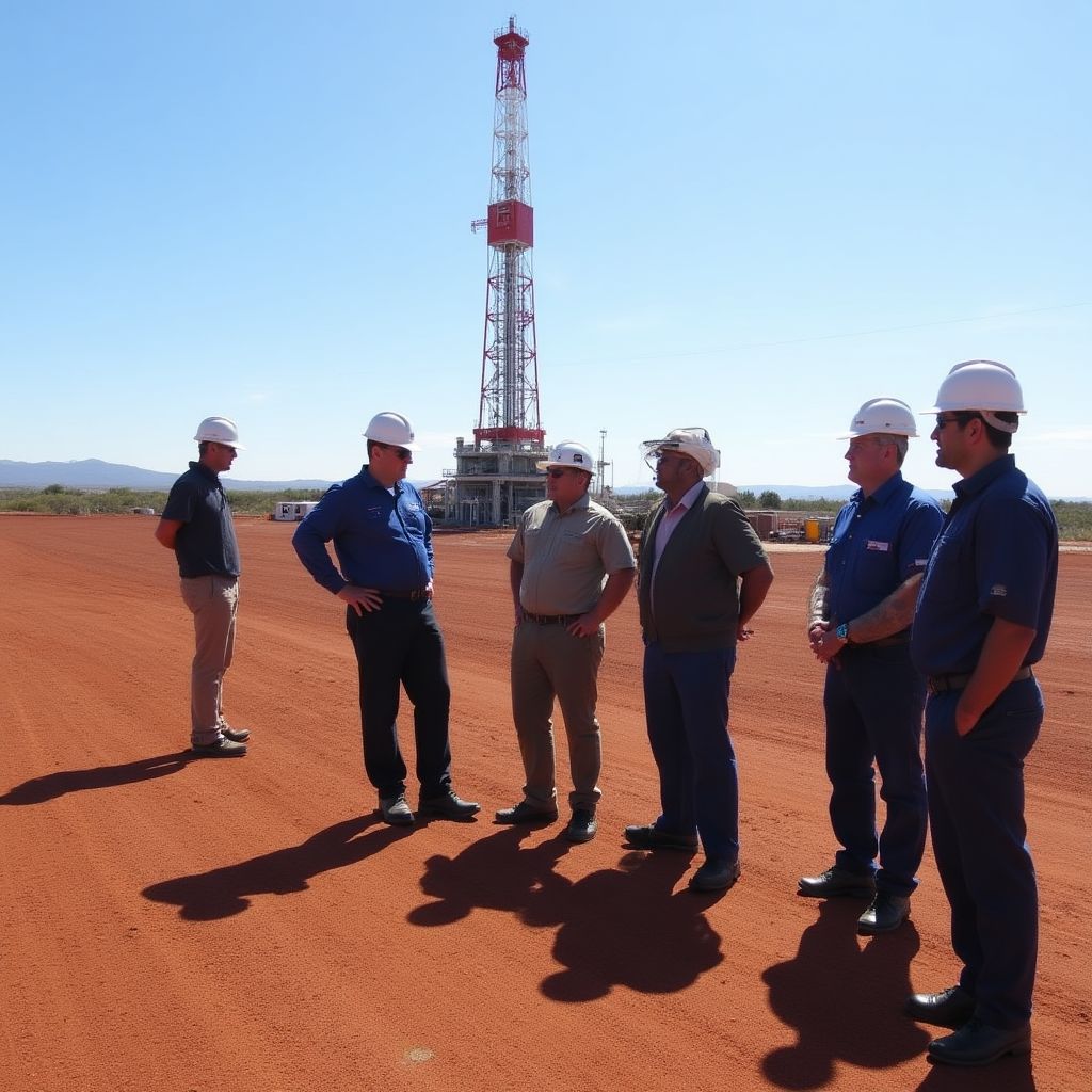 Equipo técnico visitando instalaciones Vaca Muerta